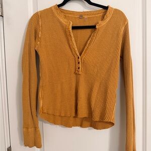 Free People-Women's Mustard Long Sleeve Cropped Thermal-M